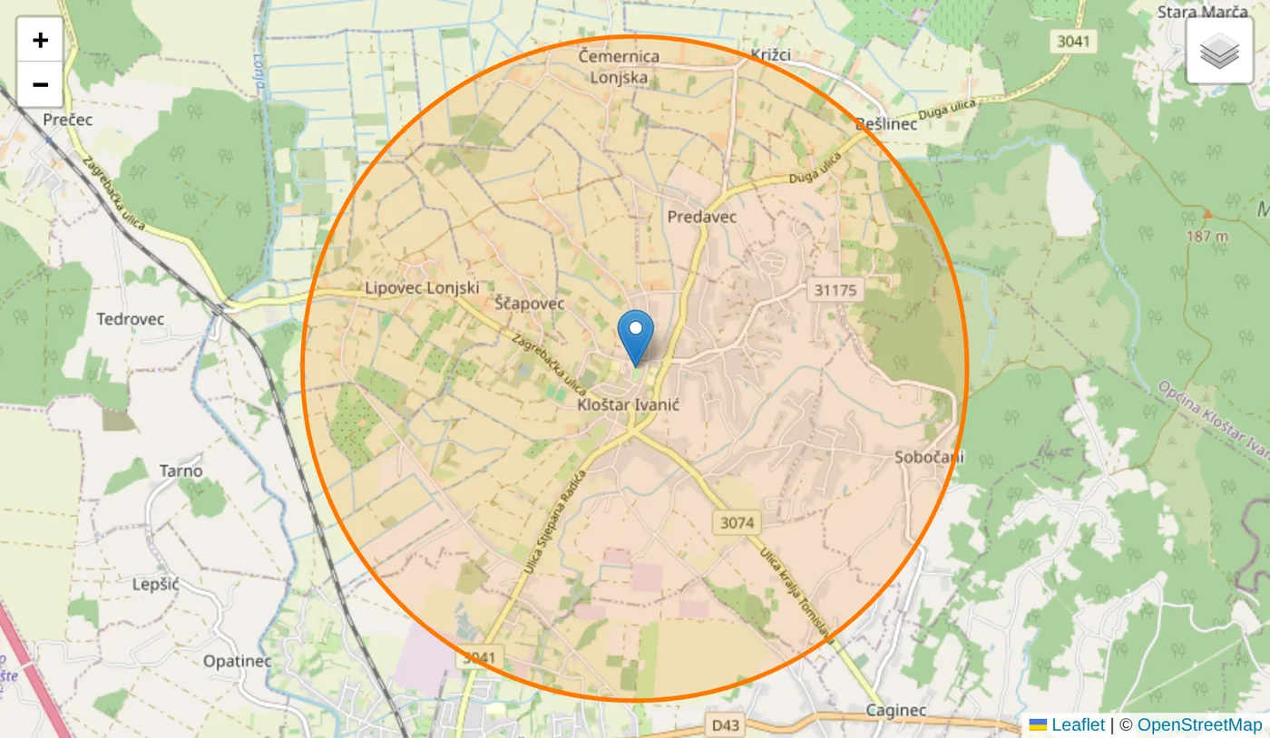 An apiary on the map with its foraging range